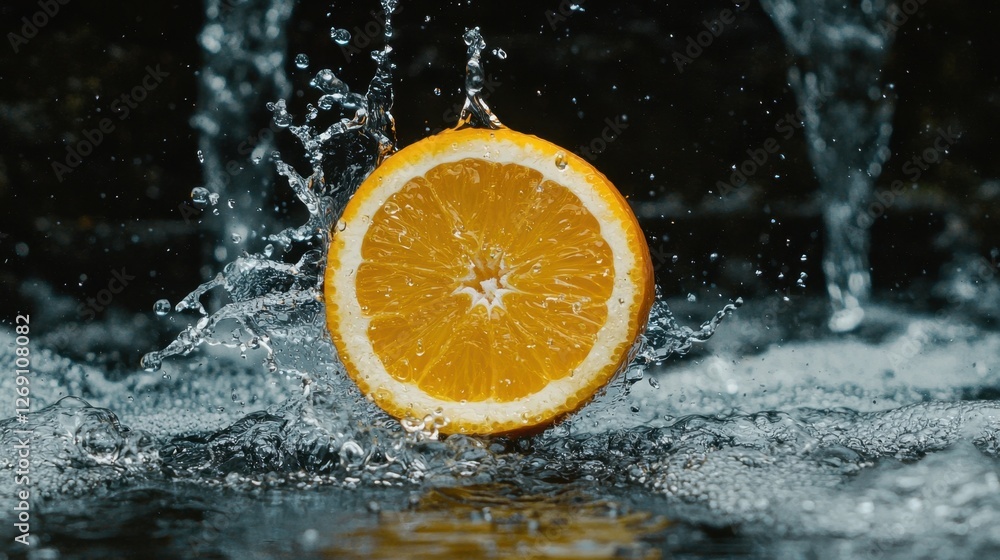 Poster slice of orange splashes in clear water creating dynamic droplets in a vibrant and refreshing scene