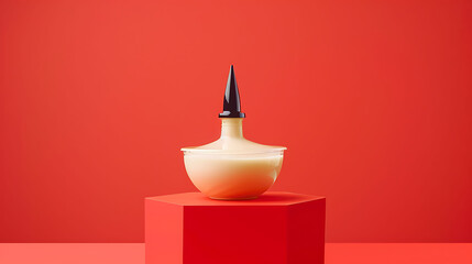 Fototapeta premium On a platform with a gentle red backdrop a prototype of an empty sauce container marked with a black tip
