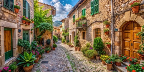 Fototapeta premium Panoramic View of Authentic Old Streets in Valdemossa, Mallorca, Spain