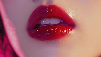 Obraz premium Beautiful Young woman with Gloss red lips and cherry on dark background,closeup face lady in studio background,smooth and glow skin. Natural beauty, healthy and girl or female with makeup.