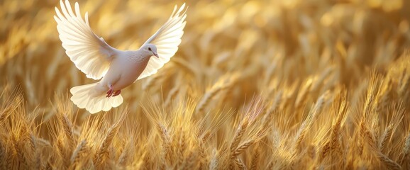 A pure white dove flying over a vast golden wheat field, wings glowing in the morning light