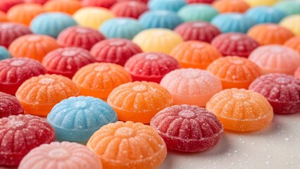 Sweet Treat: A vibrant array of colorful hard candies in various shades of red, orange, pink, blue, green and yellow,  creating a visually appealing and tempting pattern for your next food project.  