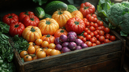 Fresh vegetable backdrop featuring colorful tomatoes, pumpkins, and greens.