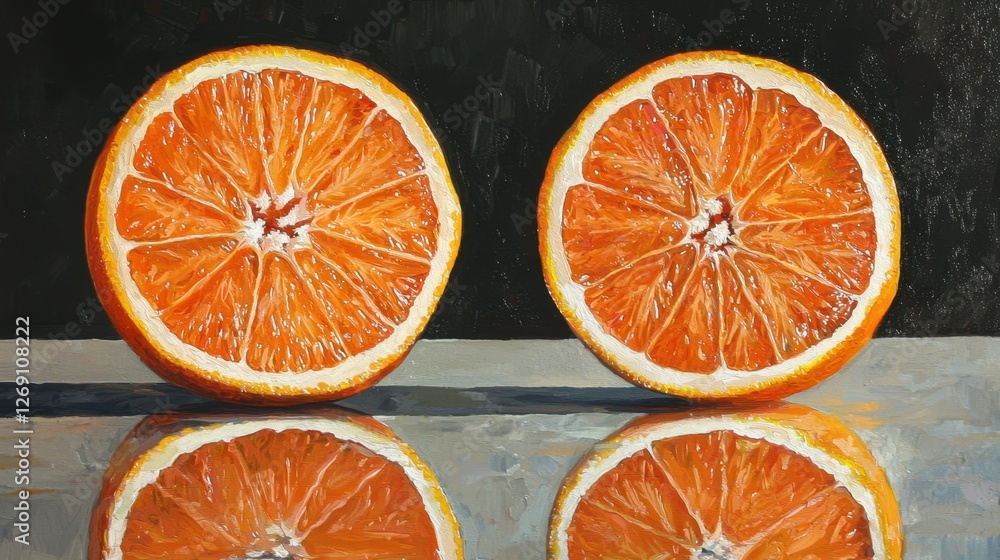 Poster freshly cut oranges displayed on a reflective surface with a dark background during the daytime