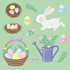 Easter design elements. Bunny, pink flowers, colourful eggs, easter basket with eggs flowers and green leaves, bird nest with eggs, watering can with flowers. Vector Easter collection.