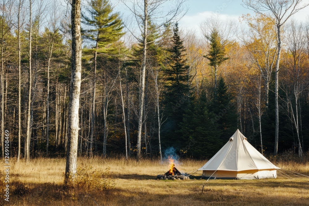 Poster camping in a forest clearing with a tent and campfire during autumn afternoon. generative ai