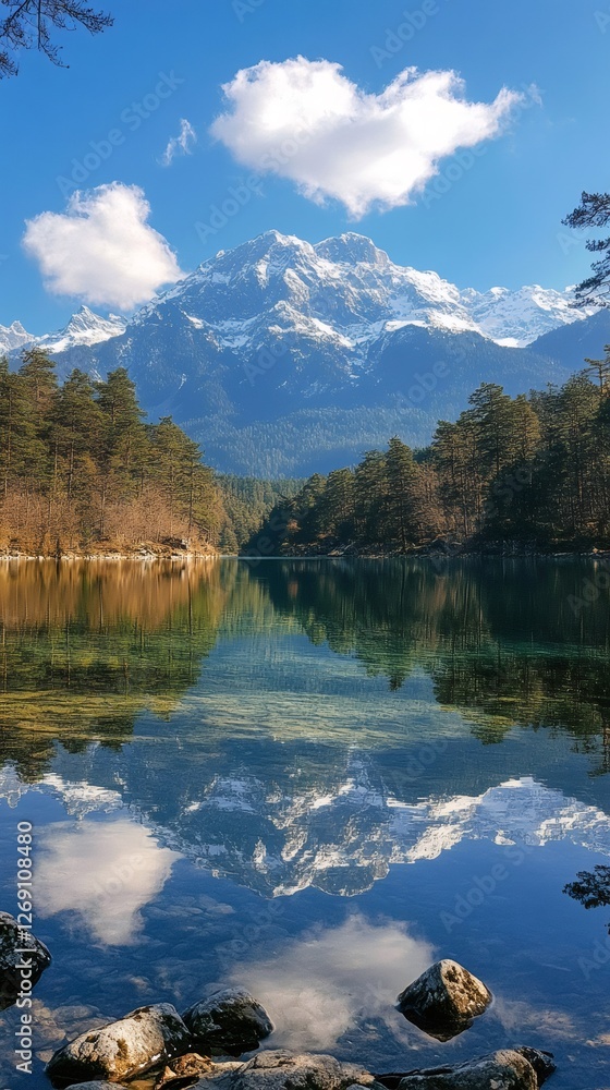 Poster snowy mountain reflecting in a pristine lake with pine trees and clouds
