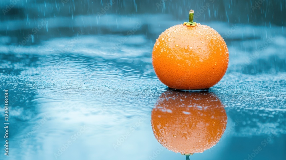Aufkleber bright orange fruit resting on wet surface while raindrops fall in a tranquil setting