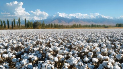 Cotton harvest, mountain backdrop, sunny day, textile industry