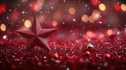 Glittering red star ornament on sparkling background, evoking festive spirit and holiday cheer