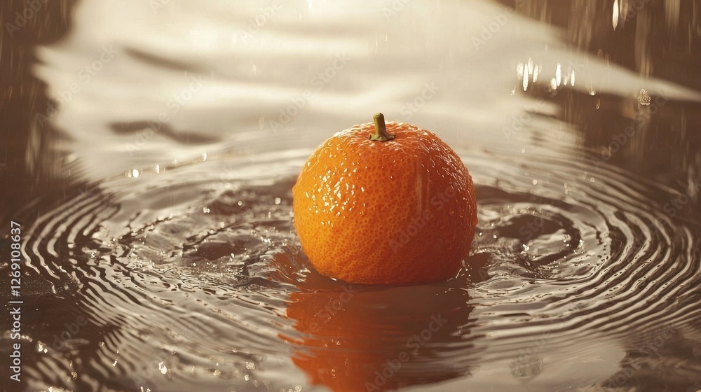Aufkleber Orange fruit floating in rain puddle with ripples creating a serene atmosphere