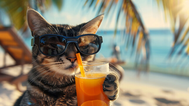On an island vacation a chilled out adorable cat with goggles sips an orange drink
