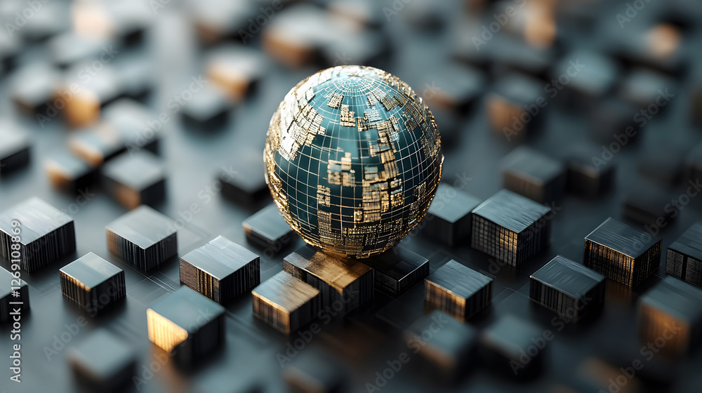 Poster a metallic globe rests on a textured surface of small cubes, symbolizing technology, connectivity, a