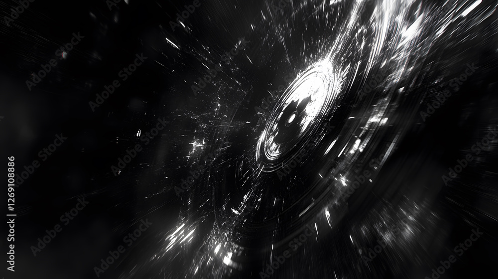 Poster An abstract representation of a cosmic phenomenon, featuring swirling patterns and dynamic light effects against a dark backdrop