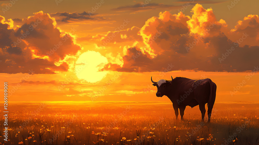 Poster a solitary cow stands in a vibrant field at sunset, with a stunning array of clouds illuminated by w