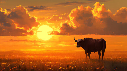 Naklejka premium A solitary cow stands in a vibrant field at sunset, with a stunning array of clouds illuminated by warm golden light