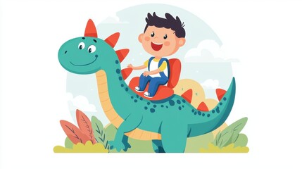 Obraz premium Child enjoys a joyful ride on a friendly dinosaur in a colorful landscape during a sunny day