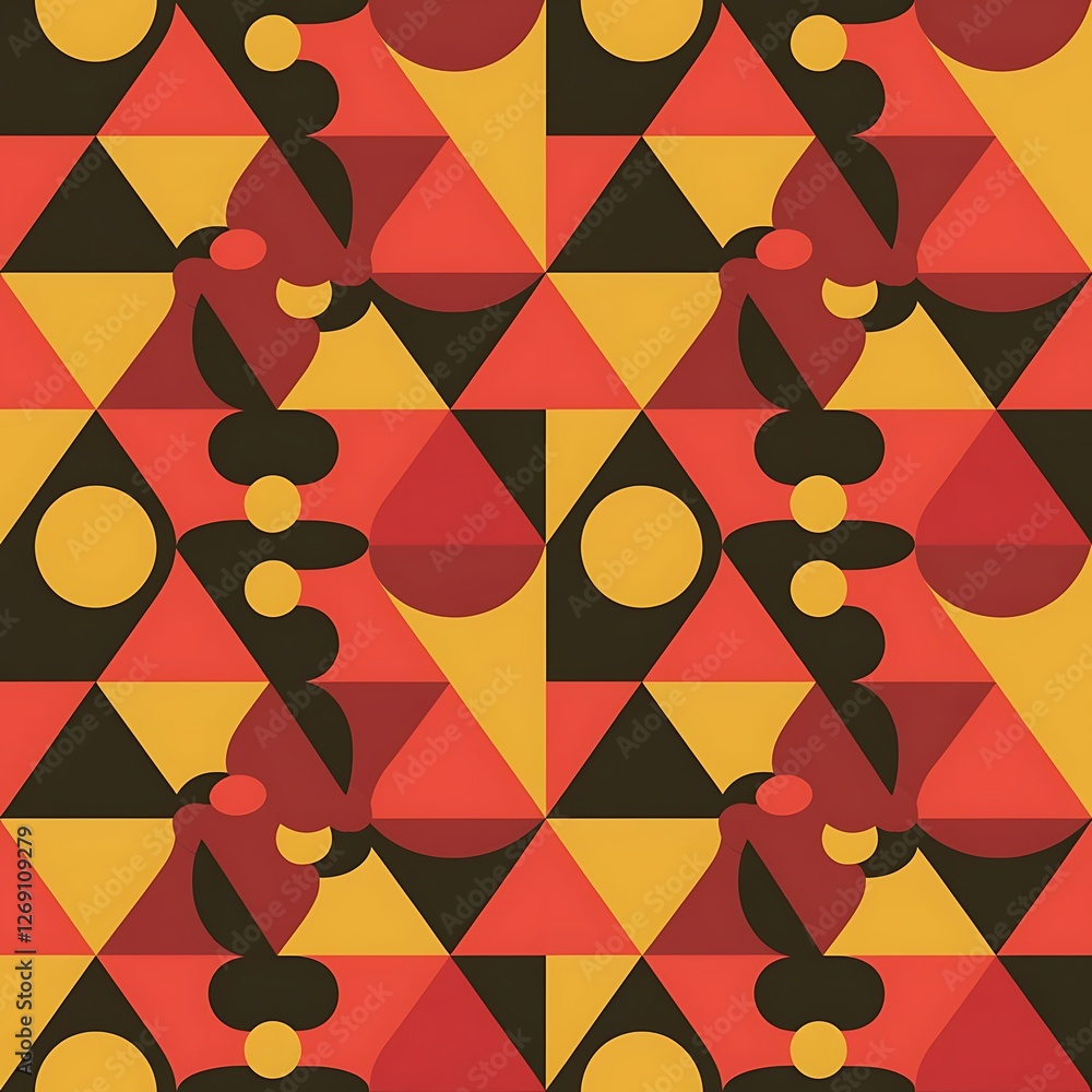 Poster seamless geometric pattern with bold retro triangles and circles in warm red yellow and black tones 
