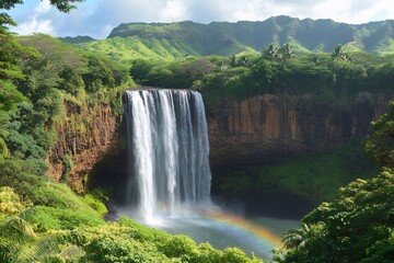 Fototapeta premium Wipwil falls cascading down a cliff in kauai, hawaii, creating a rainbow
