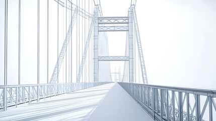 Suspension bridge blueprint morphs into stunning 3D architectural visualization. High-precision engineering details transition from technical drawings to a realistic structure.