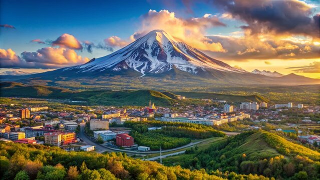 Panoramic View of Koryakskaya Sopka Volcano and Petropavlovsk-Kamchatsky Cityscape from Mishennaya Hills, Russia