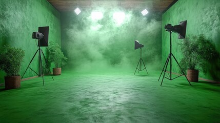Green studio backdrop with lighting setup and smoke effects, ready for photo shoots or video production