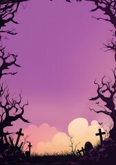 spooky tree frame illustration features haunting graveyard scene with twisted trees and gravestones silhouetted against purple and orange sky, creating eerie atmosphere