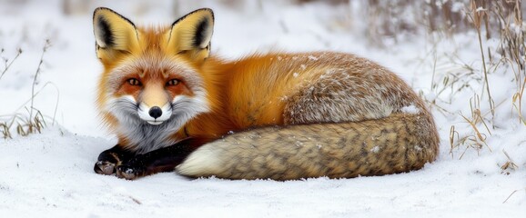 Fototapeta premium A red fox curled up in the snow, its fur blending with the white landscape