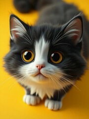 Fototapeta premium black and white cat ,yellow background Very cute little kitten 