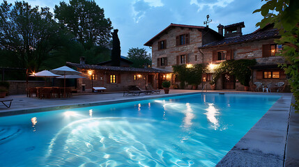 Fototapeta premium Opulent rustic hotel with a rural swimming pool