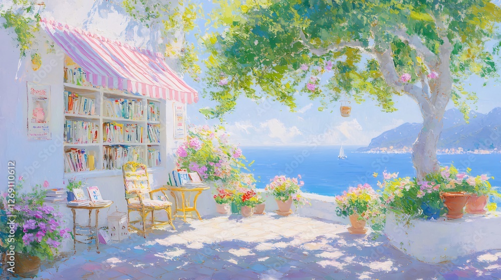 Wall mural Coastal Bookstore Patio, Sunny Seascape