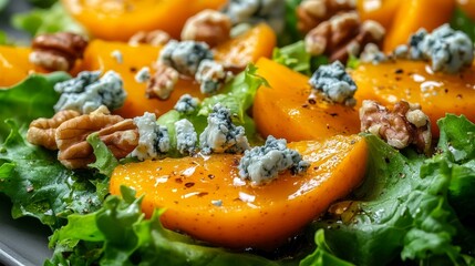 A vibrant salad featuring lettuce, peaches, walnuts, and blue cheese.