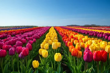 Fototapete Colorful tulips blooming in long lines in a dutch field © Lubos Chlubny