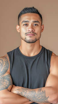 Muscular polynesian man standing with crossed arms, displaying intricate tribal tattoos, radiating strength and cultural pride against minimalist background