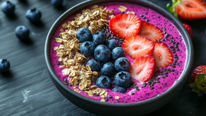 Dragon fruit smoothie bowl with berries, oats, studio