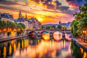 Obraz premium Parisian Seine River Landscape: Bokeh Blurred Cityscape at Dusk