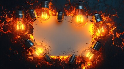 Illuminated light bulbs encircle a blank space, creating a fiery ambiance for creative projects