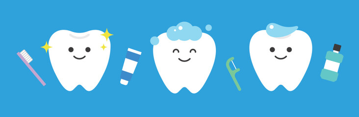 Dental, clinic, medical, hospital concept illustration. Illustrations of cute teeth characters and objects related to brushing teeth such as toothpaste, toothbrush, and dental floss.