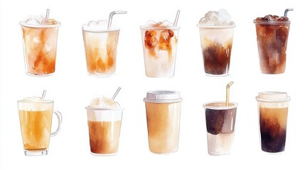 Artistic set of coffee beans and Ice coffee cup drinks isolated on white background,Menu hand drawn,hot coffee drinks,cafe shop,modern flat design,Fashionable and black and latte coffee.