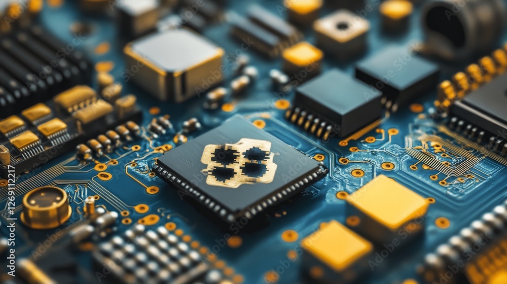 Poster electronic circuit board with intricate chips and components.