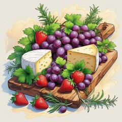 An illustration of a succulent fruit and cheese platter, complete with grapes, strawberries, and a wedge of brie, arranged elegantly on a rustic wooden cutting board, surrounded by lush greenery.