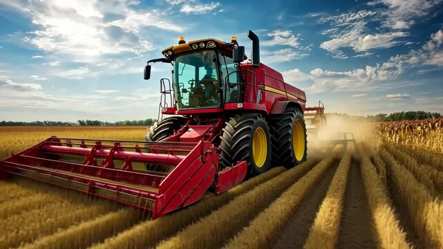 A red tractor is driving through a field of corn. The tractor is pulling a harvester behind it, which is collecting the corn. The sky is clear and the sun is shining, creating a bright