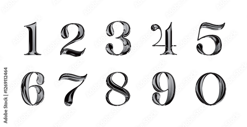 Poster a set of number typography with glossy, silver metallic and chrome material effects.