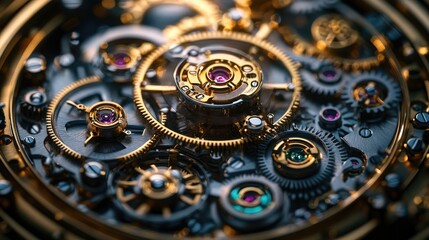 Intricate close-up of a golden watch mechanism showcasing gears, jewels, and craftsmanship details