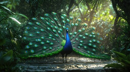 Obraz premium Majestic Peacock in Rain, A Tropical Paradise