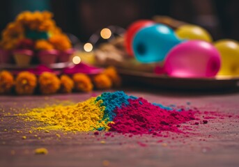 The picture shows colorful powder, balloons and marigold flowers on a table. The background is blurred with lights visible but no other objects are discernible or identifiable from this shot.