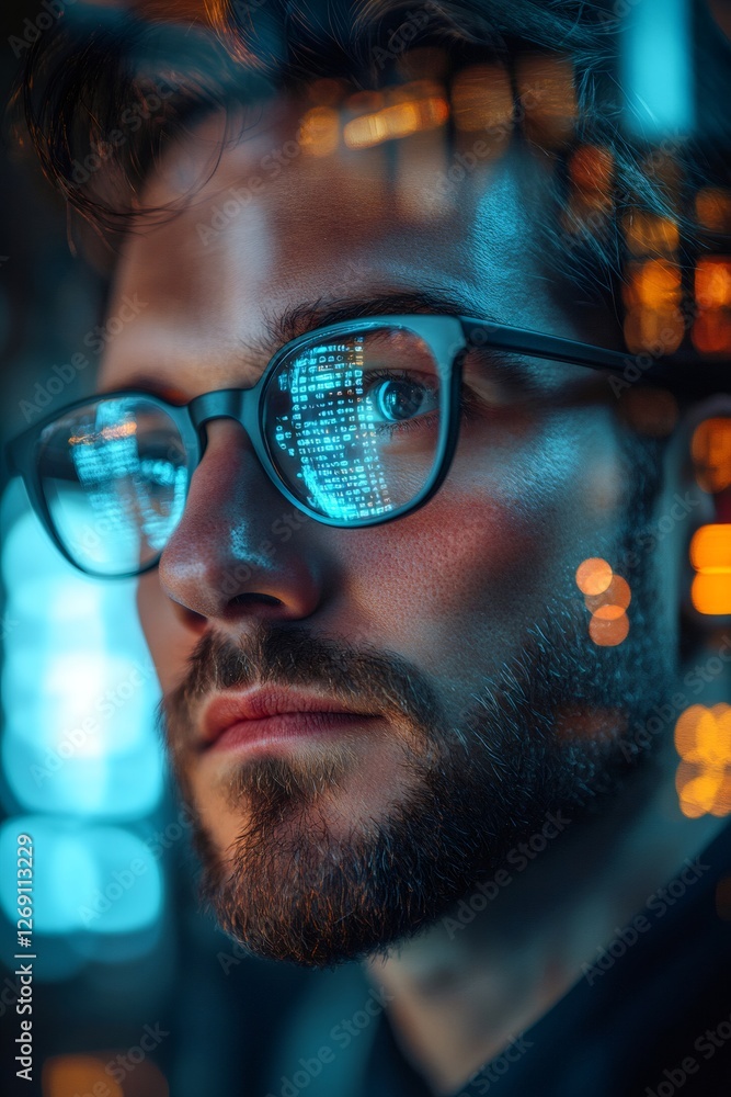 Leinwandbilder programmer working late at night analyzing code reflected in glasses