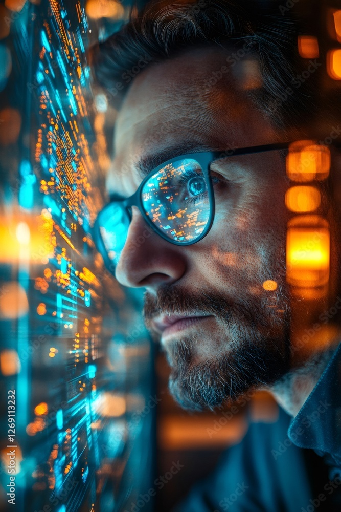 Aufkleber Software engineer analyzing code on digital display reflecting in glasses, futuristic technology concept