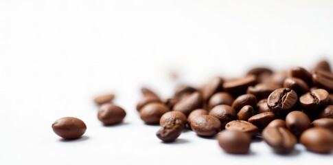 Naklejka premium Scattered coffee beans on pristine white backdrop , product, texture