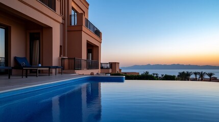 Fototapeta premium Luxury resort infinity pool merging with the beautiful sea at sunset
